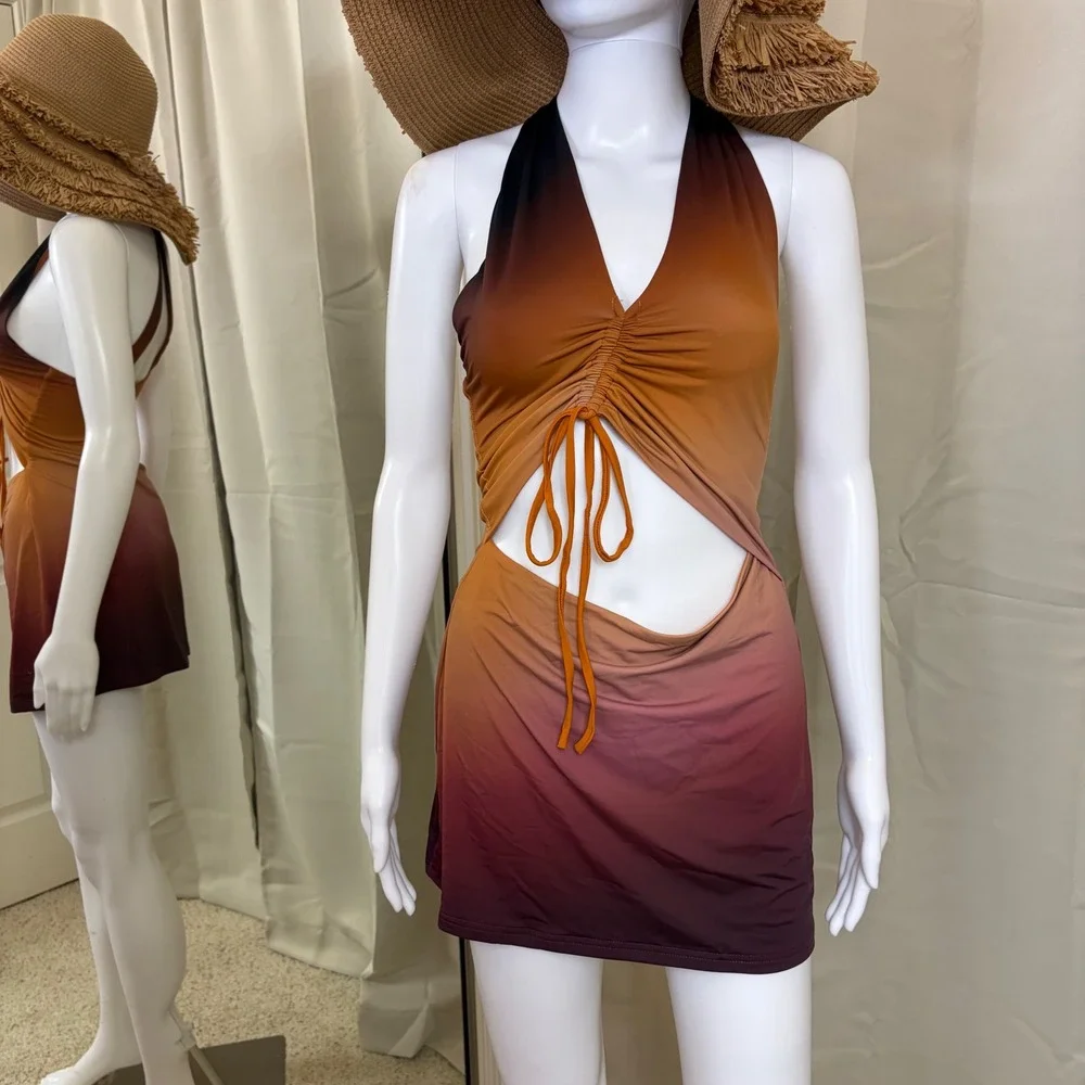 White Fox Boutique Ombre Halter Mini Dress Orange Purple Cutout Ruched Sunset